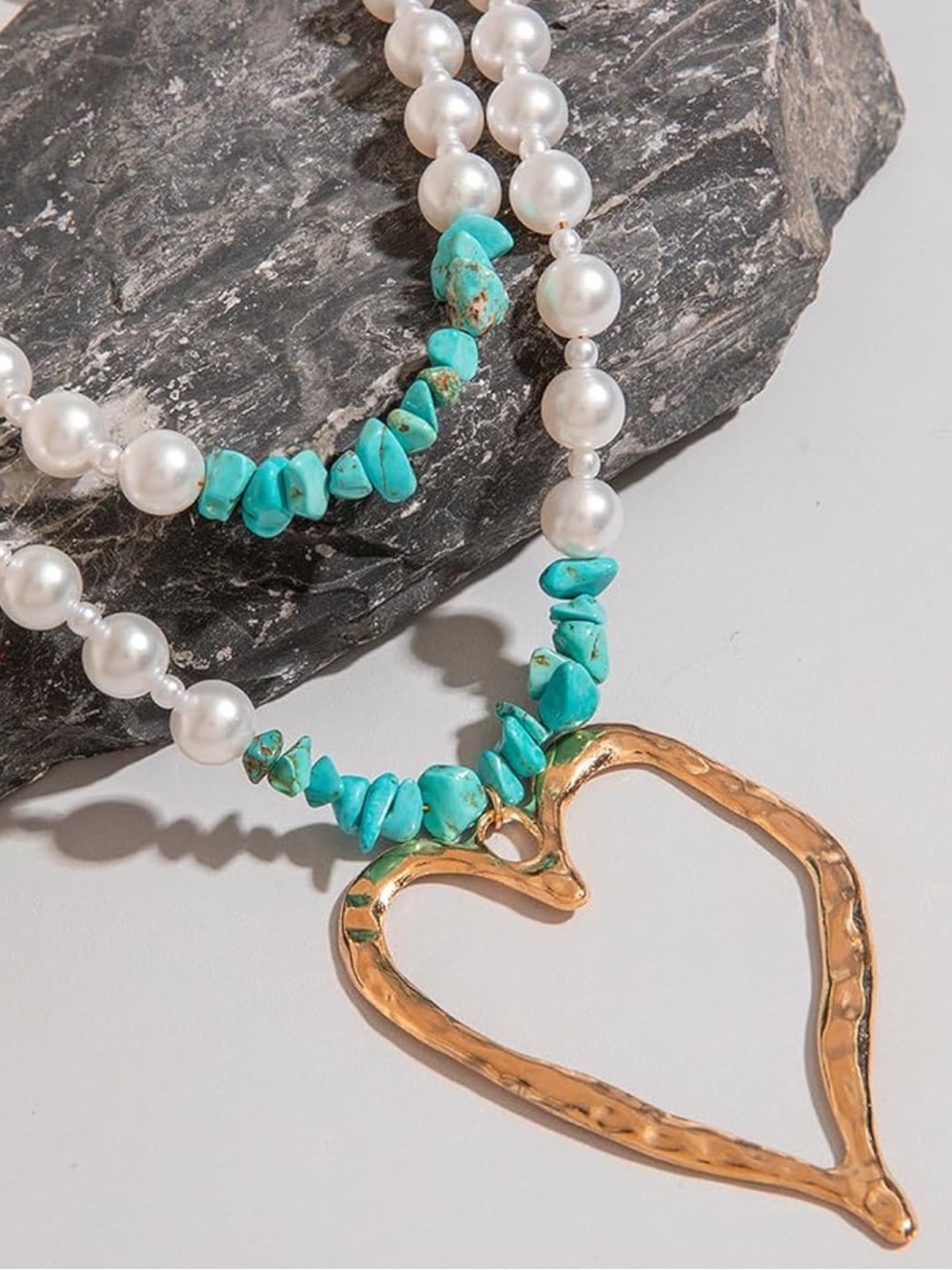 Anthropologie White Pearl & Turquoise Chip Necklace with Gold Heart Pendant - Picture 3 of 5